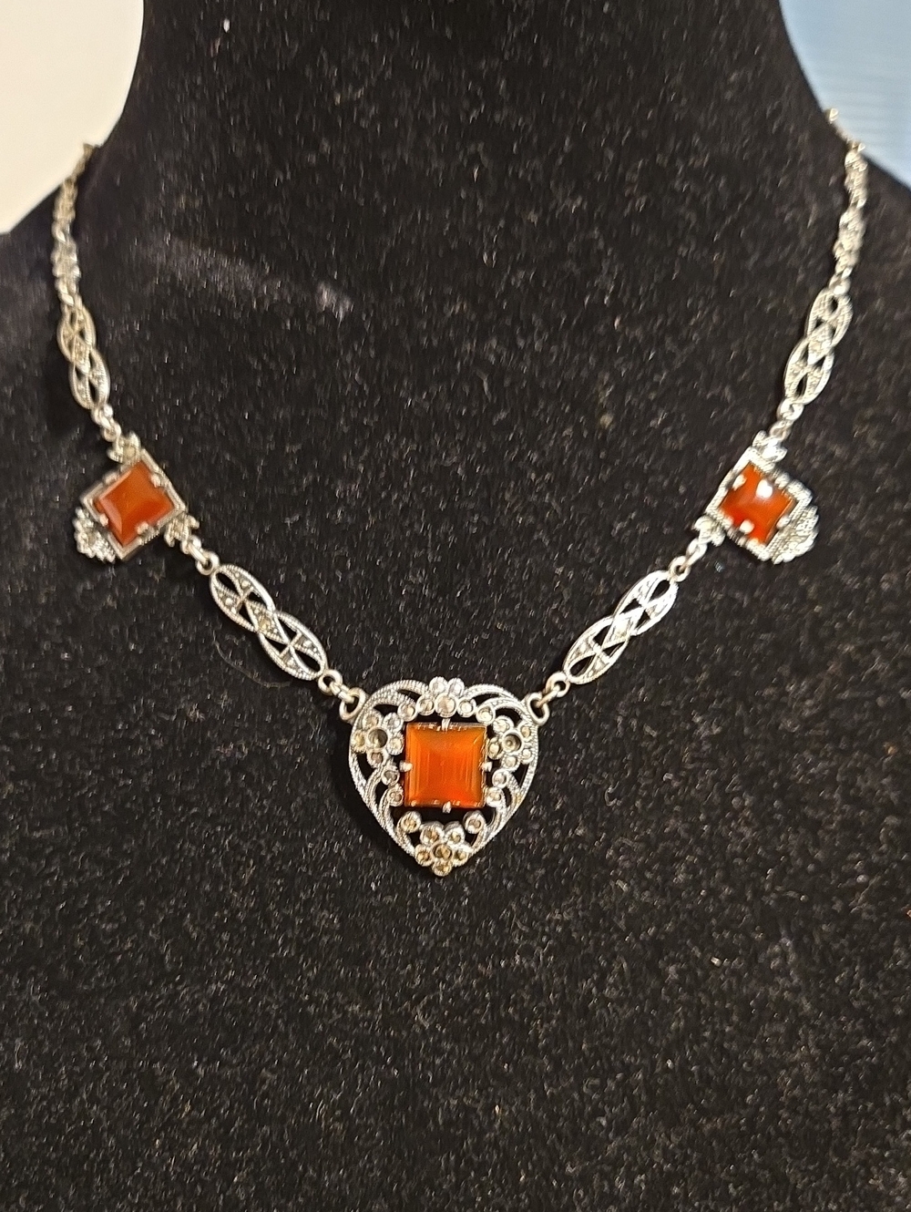 Antique Art Deco Sterling Silver Carnelian & Marcasite Heart Lavalier Necklace